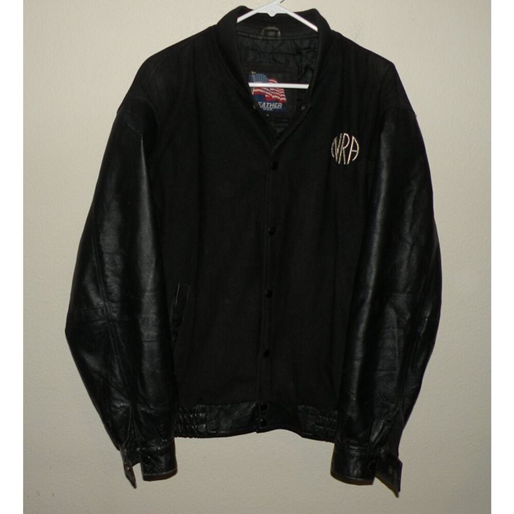 USA Leather Men’s Large Snap Leather and Wool Blend Bomber Jacket Black NRA